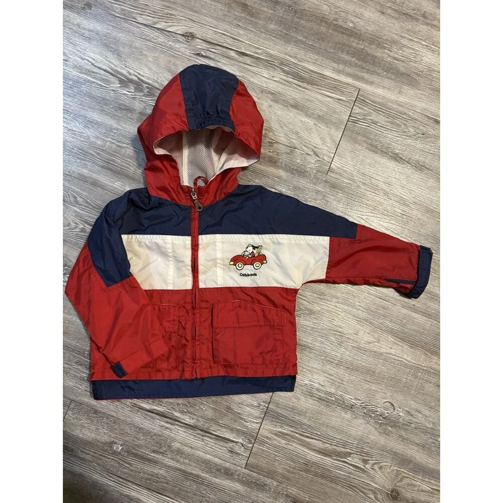 2000s OshKosh Boys Hooded Colorblock Windbreaker Jacket Zip Pockets Red/Blue 18